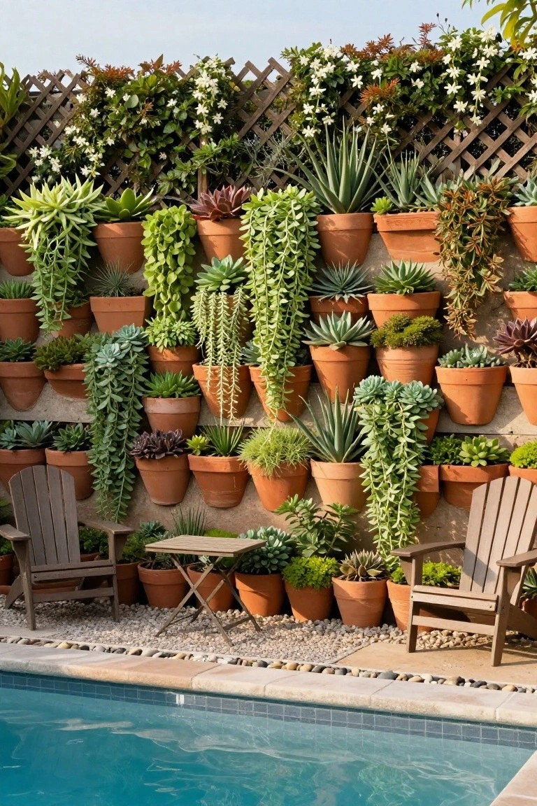 Poolside wall covered in assorted terracotta pots planted with various succulents and trailing plants, with two wooden Adirondack chairs and a small table on gravel ground in front, blue pool at the bottom.