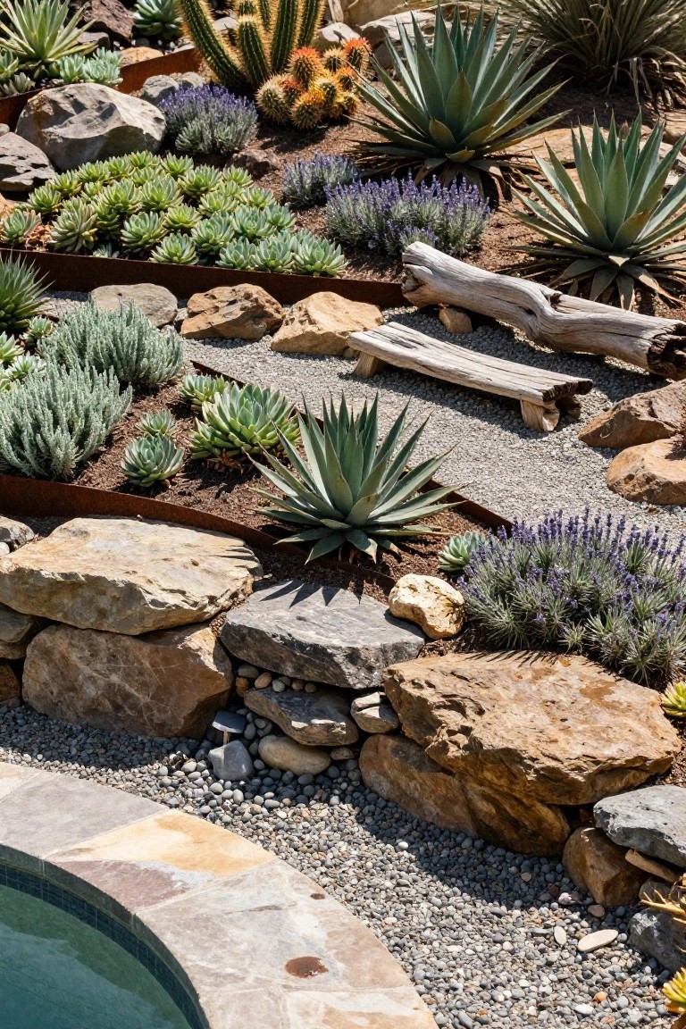 Poolside landscaping with tiered boulder retaining walls, metal edging, gravel paths, large agave plants, various succulents, lavender bushes, and a wooden bench.