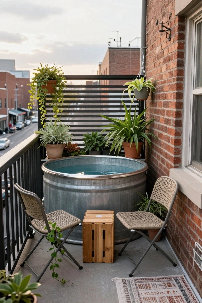 Galvanized stock tank pool on a brick apartment balcony, filled with blue water and surrounded by potted plants including succulents and trailing varieties, with two wicker chairs and a wooden stool nearby.