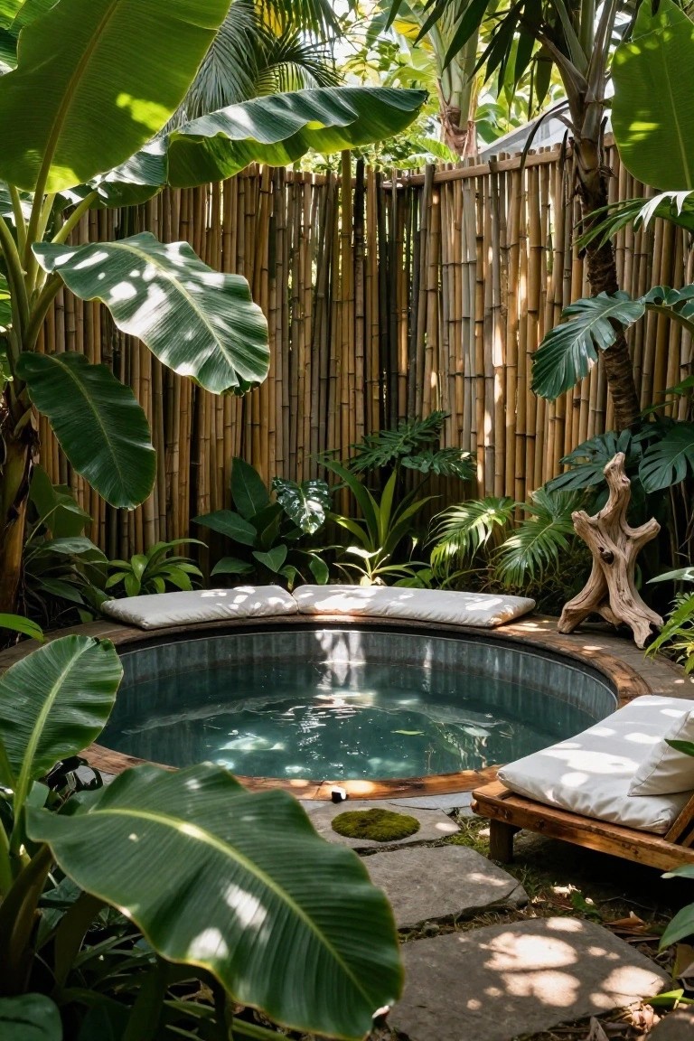 Round turquoise pool in a lush tropical garden enclosed by tall bamboo fencing, with large green banana leaves, monstera plants, wooden lounge chairs with white cushions, a driftwood sculpture, and stone stepping path.