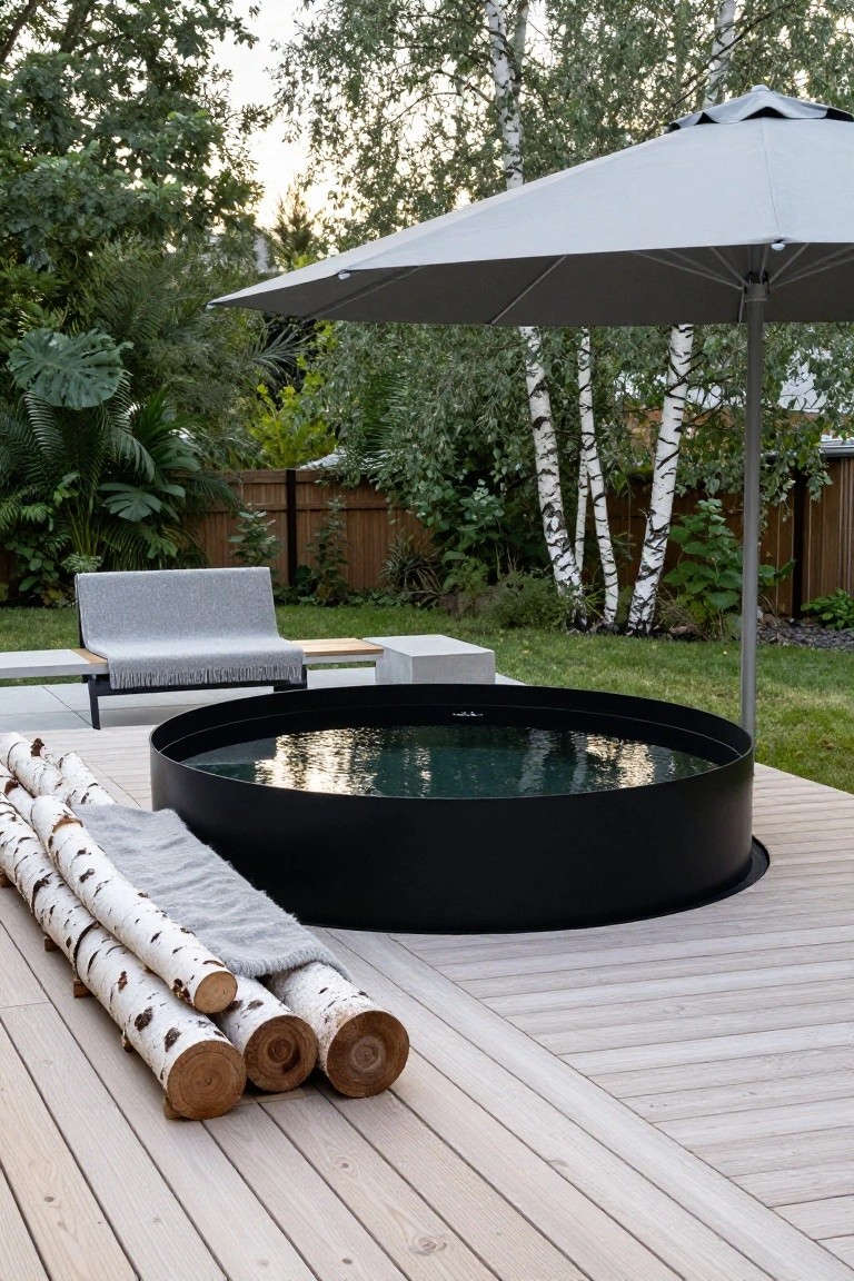 Round black pool on wooden deck with umbrella, lounge chair, and birch logs.