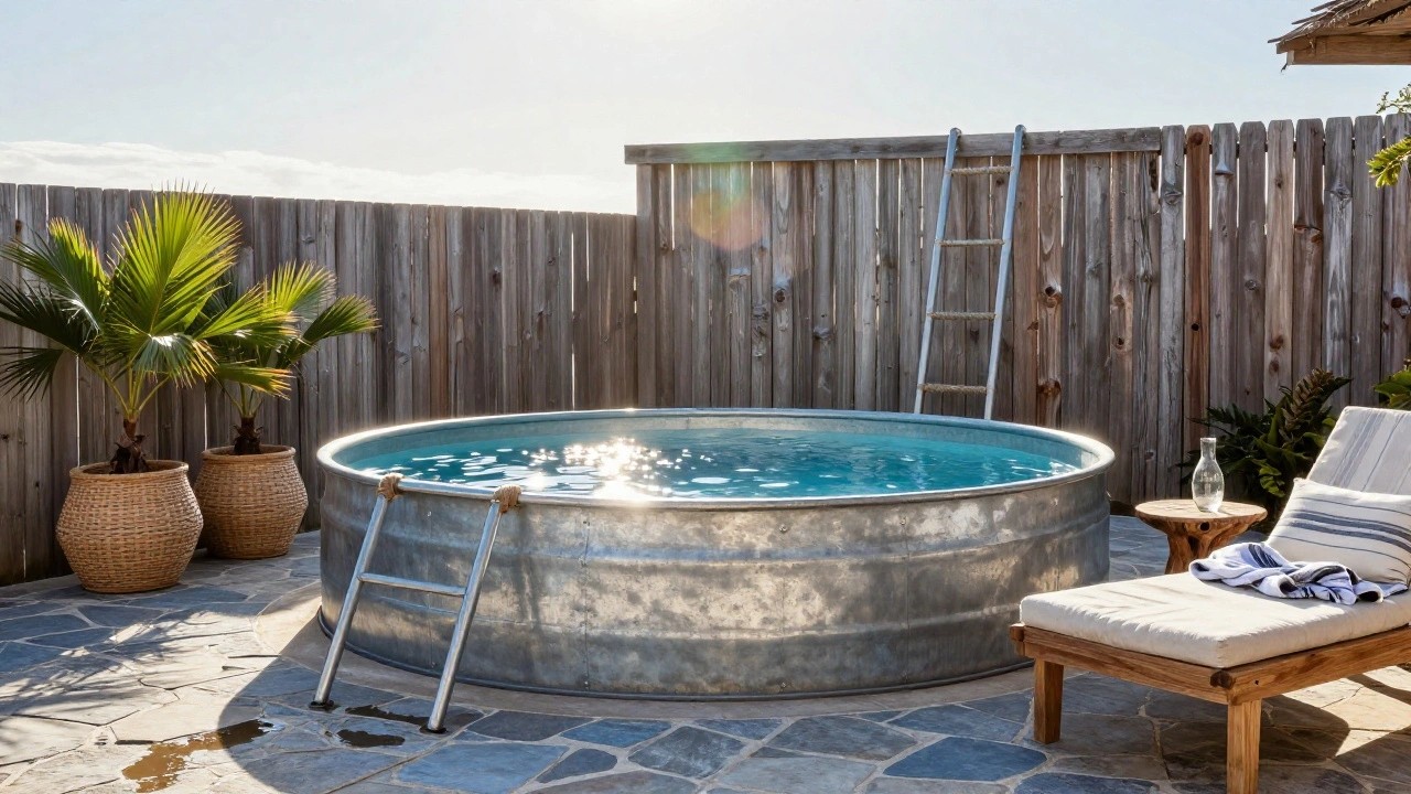 Oval turquoise stock tank pool with metal ladder in a wooden pergola-shaded courtyard featuring palm plants in baskets, wooden daybed lounge, towels, glasses on side tables, and stone pavers.