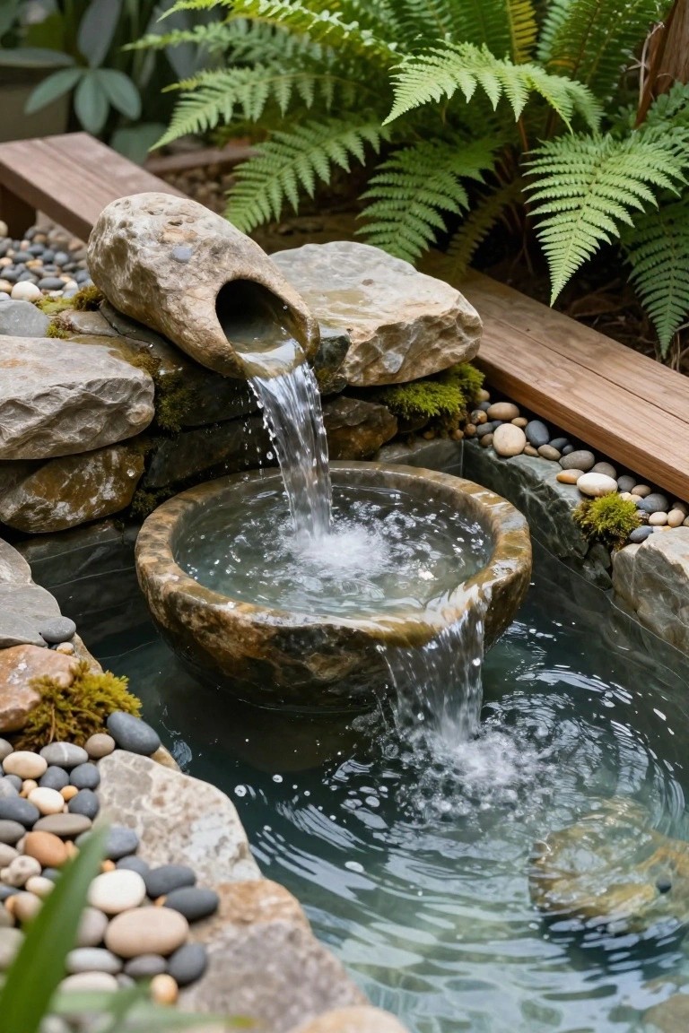 A natural rock spout carved with an opening releases a stream of water into a round stone basin pond surrounded by stacked rocks, pebbles, moss, ferns, and a wooden bench edge.