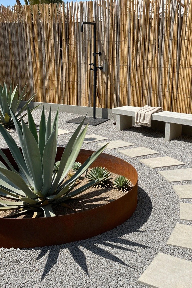 Outdoor shower with black pole and head next to a concrete bench draped with a towel, surrounded by bamboo fencing, agave plants in a rusted metal circular bed, gravel ground, and stepping stone path.