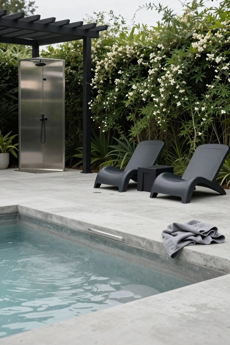 Small rectangular pool with light blue water on a concrete patio next to a tall stainless steel outdoor shower enclosure, two black curved lounge chairs with a small table, and surrounding greenery.