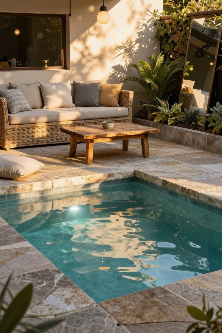 Sunlit outdoor patio with a small rectangular turquoise pool edged in travertine tiles, next to a beige rattan sofa with assorted cushions, a wooden coffee table, floor pillows, potted plants, and a large wall mirror.