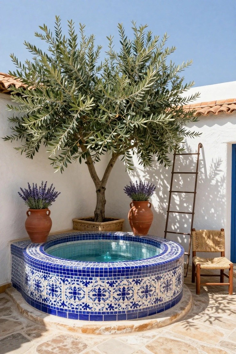 Round hot tub lined with blue and white mosaic tiles in a white-walled outdoor courtyard, flanked by an olive tree, two terracotta pots of lavender, a metal ladder, and a wicker chair on stone pavers under a clear sky.
