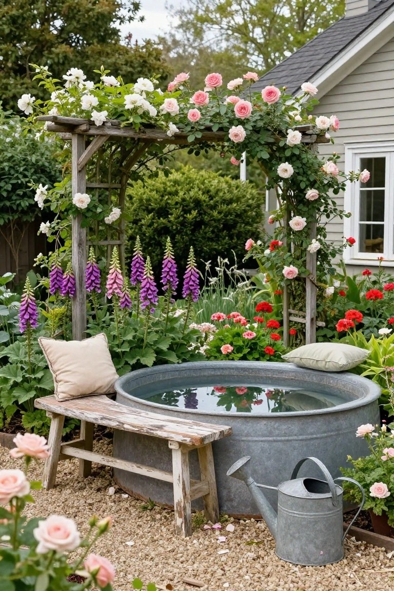 Galvanized stock tank pool in a flower garden with pink roses, purple foxgloves, and geraniums around a wooden arbor, wooden bench with beige pillows beside the pool, metal watering can on gravel ground near a gray house.