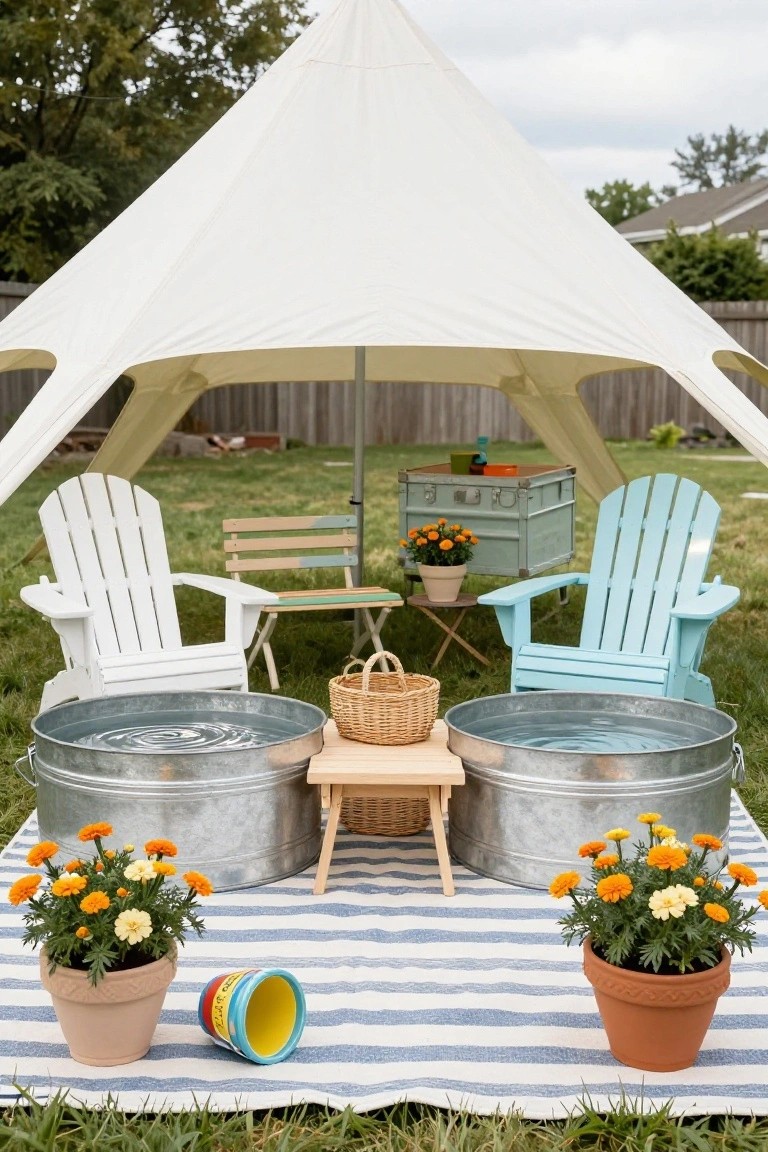 Two galvanized stock tanks filled with water as pools side by side under a white canvas canopy tent in a backyard, flanked by white and blue Adirondack chairs, a small table between the tanks, potted marigolds, baskets, and a striped rug on grass.