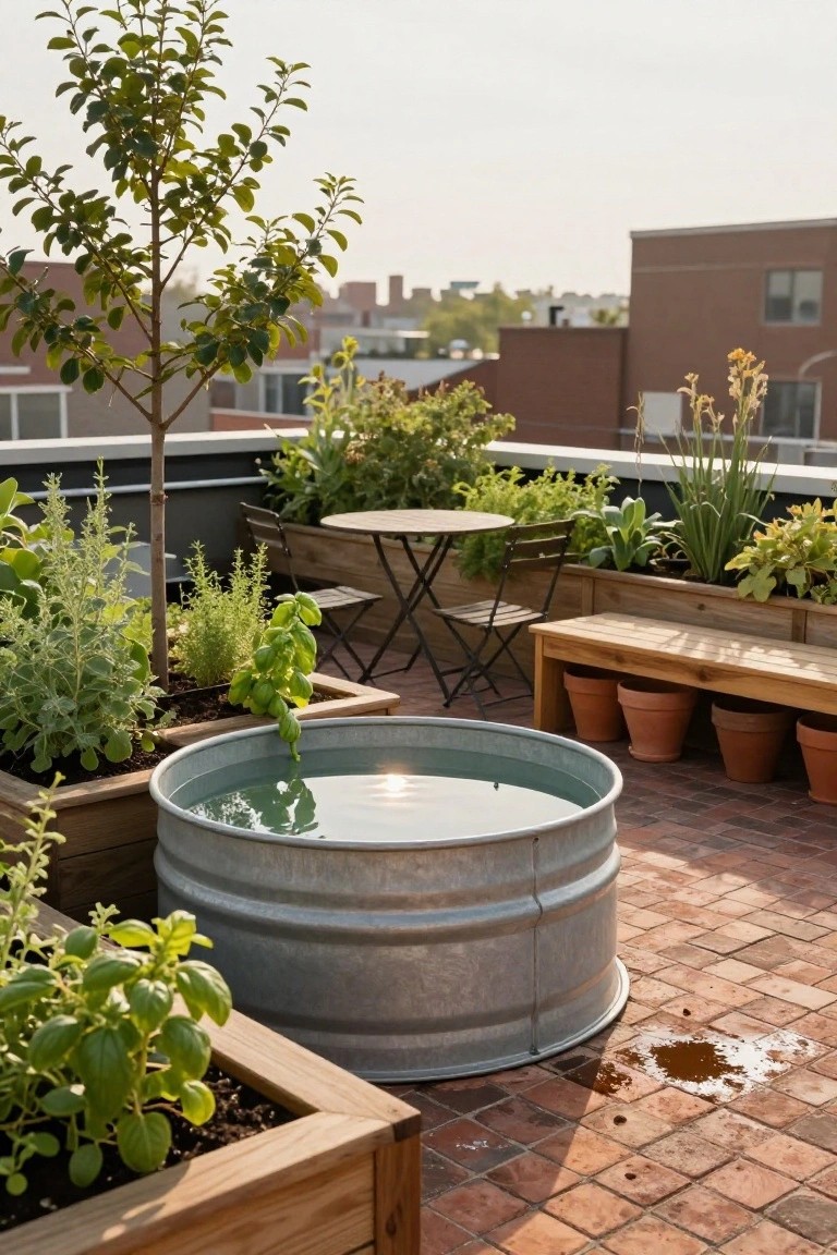 Galvanized metal stock tank pool on a brick rooftop terrace surrounded by wooden planters with herbs and vegetables, potted plants, a small wooden table with chairs, and benches, with city buildings visible in the background.