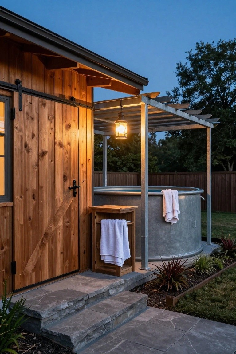 Galvanized stock tank pool beneath a metal pergola with a hanging lantern and draped towels, next to a wooden shed with barn-style door, stone steps, and potted plants in a backyard at dusk.