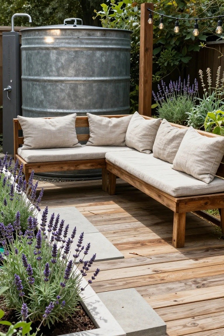 Wooden corner bench with beige cushions on a deck next to a large galvanized metal stock tank, surrounded by lavender plants, string lights, and a wooden water spigot.