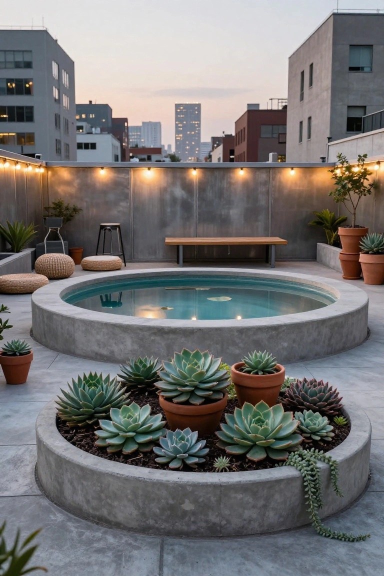 Rooftop terrace with circular turquoise pool embedded in concrete surrounded by succulents in a raised bed, wooden bench, stools, potted plants, string lights, and city skyline at dusk.