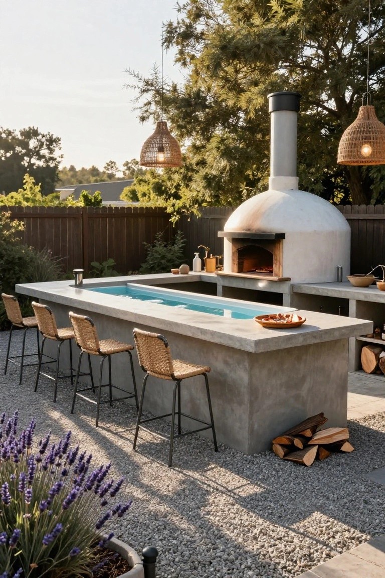 Concrete outdoor bar countertop with embedded turquoise pool and rattan barstools, adjacent to white dome-shaped pizza oven on gravel patio surrounded by plants, trees, and wooden fence.