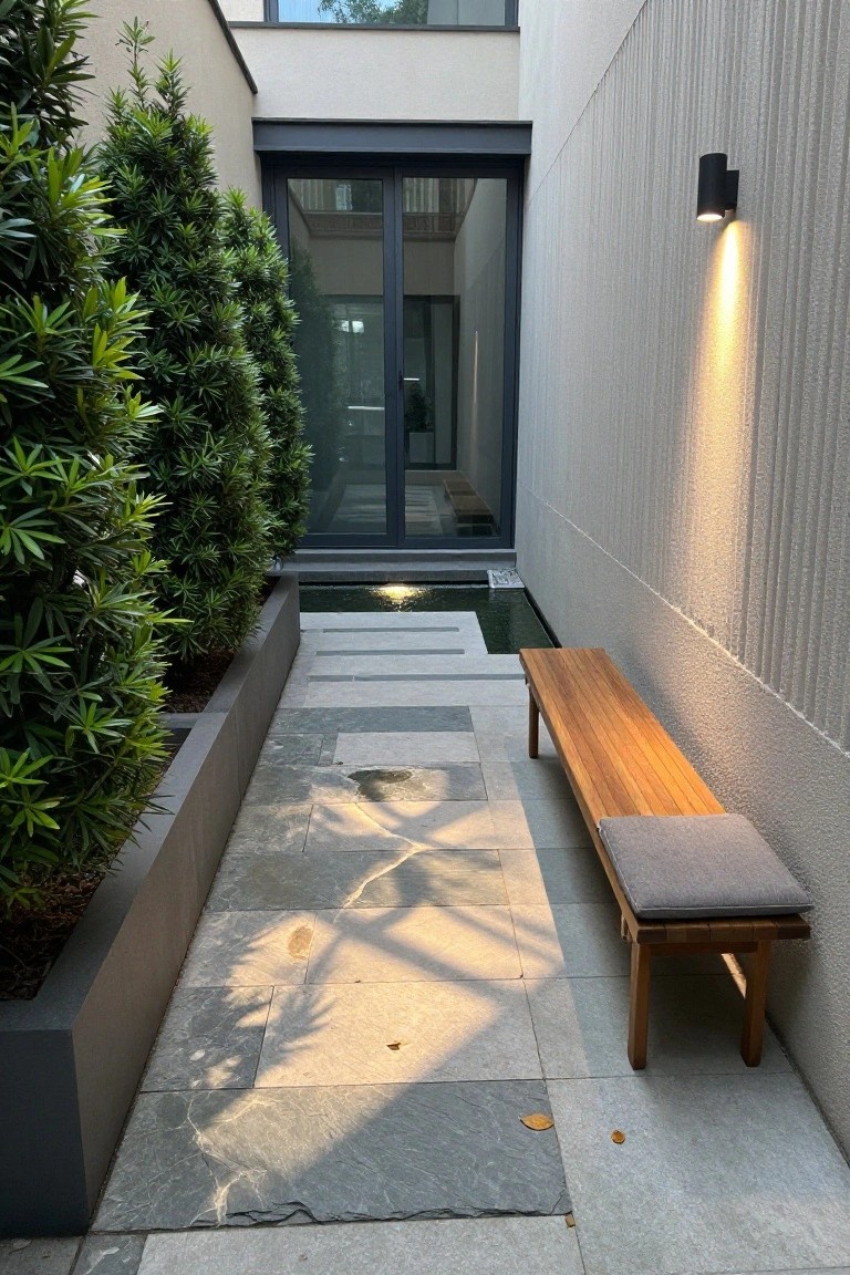 Narrow outdoor passageway with tall conical evergreen plants in a rectangular planter box, adjacent linear reflecting pool with underwater lighting, gray slate stone path, wooden bench with gray cushions, beige vertical-grooved wall, black cylindrical wall light, and dark-framed glass doors.