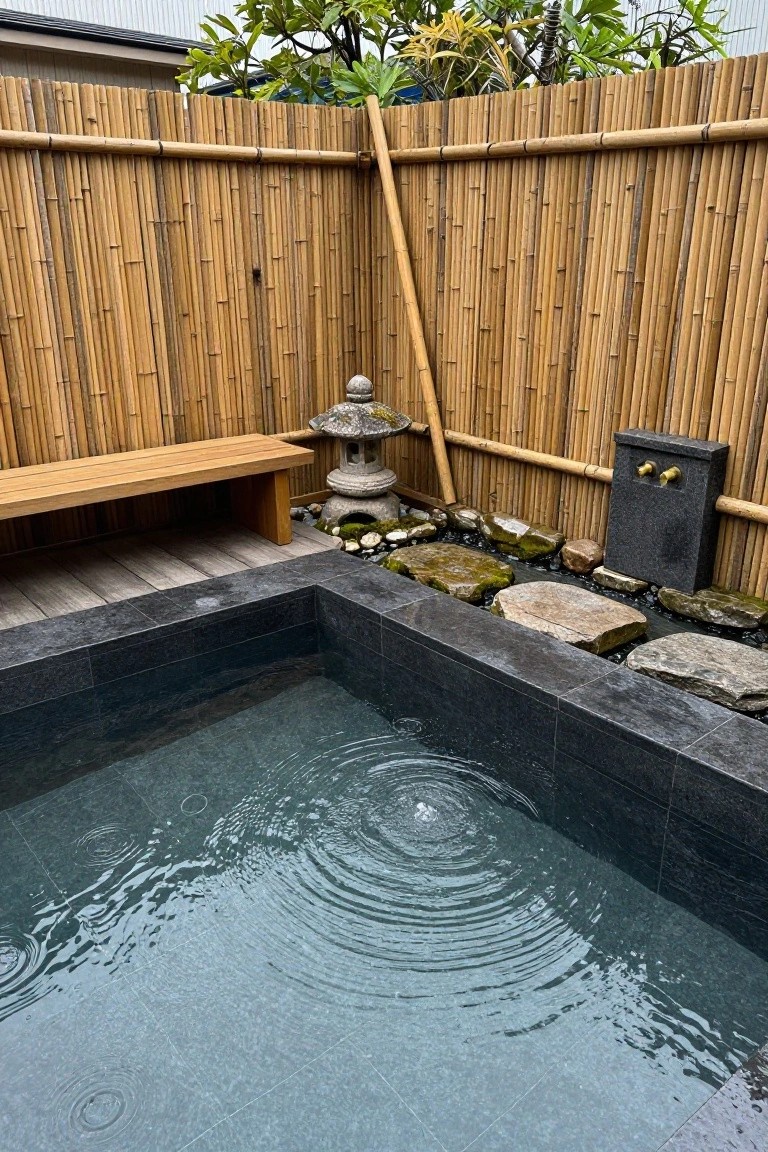 A small square inground pool with dark tiles and bubbling water in a backyard corner, enclosed by bamboo fencing, with a wooden bench, stone lantern, rocks, and plants nearby.