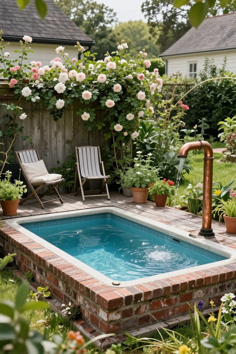 Small rectangular turquoise inground pool with brick surround in a backyard garden, water pouring from a tall copper faucet, two wooden Adirondack chairs on a deck nearby, potted plants, and climbing pink roses on a wooden fence.