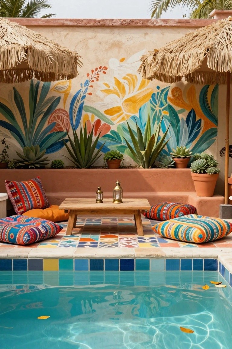 Small inground pool with blue tiles next to terracotta seating area of woven colorful cushions and poufs on bench and floor around wooden table, brass lanterns, potted succulents, thatched umbrellas, and painted mural wall.