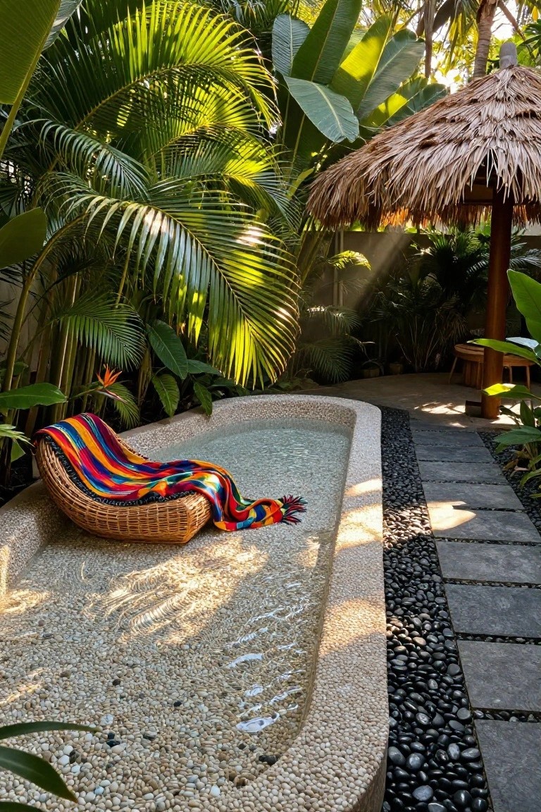 Narrow inground pool shaped like a chaise lounge holding a woven rattan chair with colorful draped blanket, surrounded by tropical plants, white pebble interior, black pebble and stone path edging, and thatched roof structure in background.