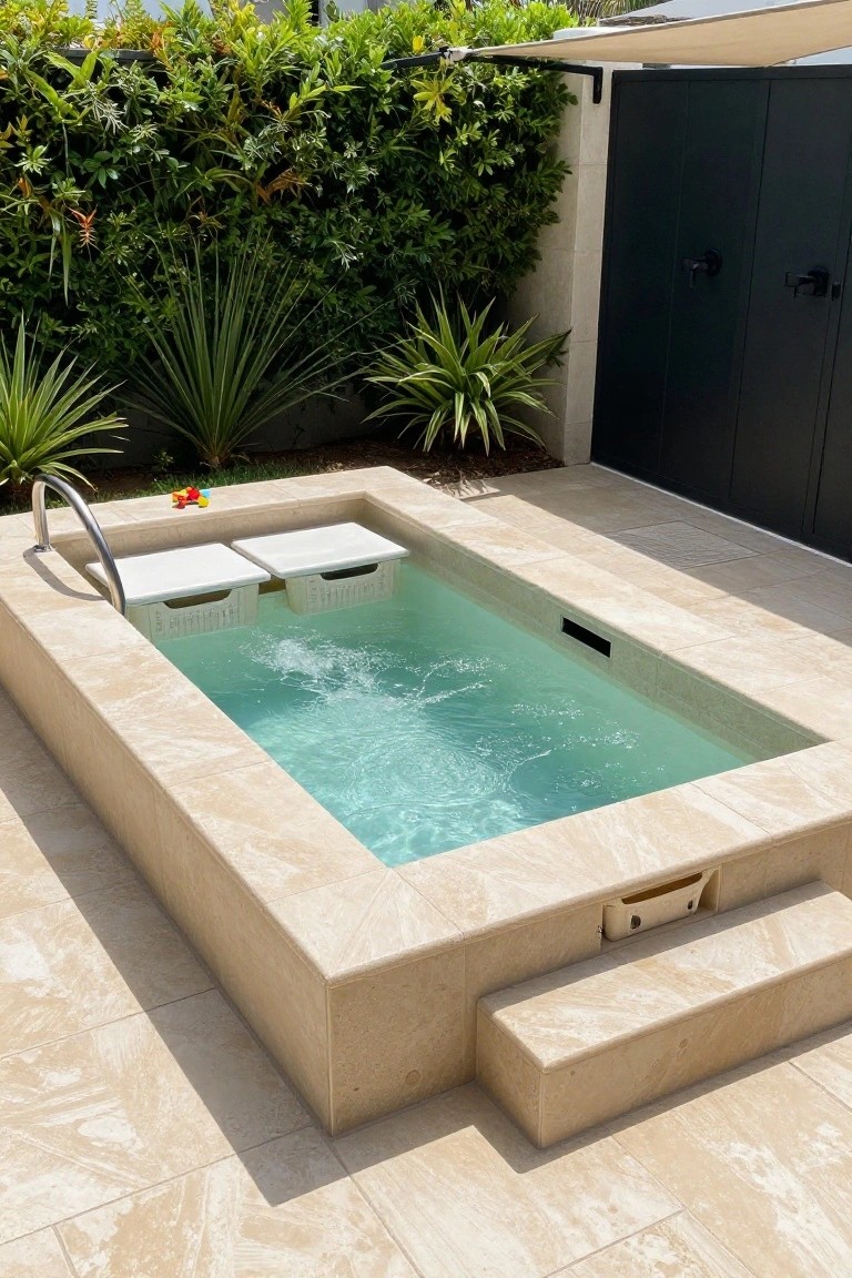 Small rectangular inground pool with turquoise bubbling water, beige travertine surround and steps, flanked by tropical plants and a black metal gate in a paved backyard patio.