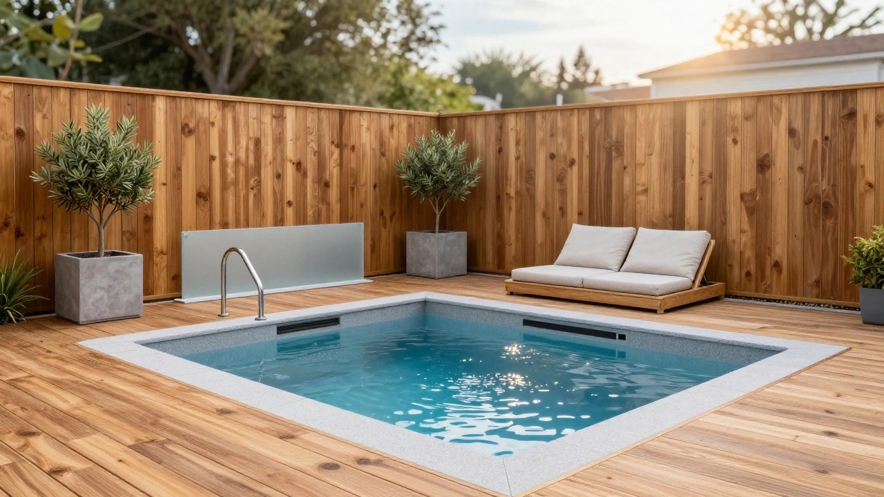 Small rectangular inground pool with turquoise water and metal ladder, edged in gray stone, surrounded by light wooden decking, a cushioned lounge chair, potted olive trees, and a wooden fence in a backyard.