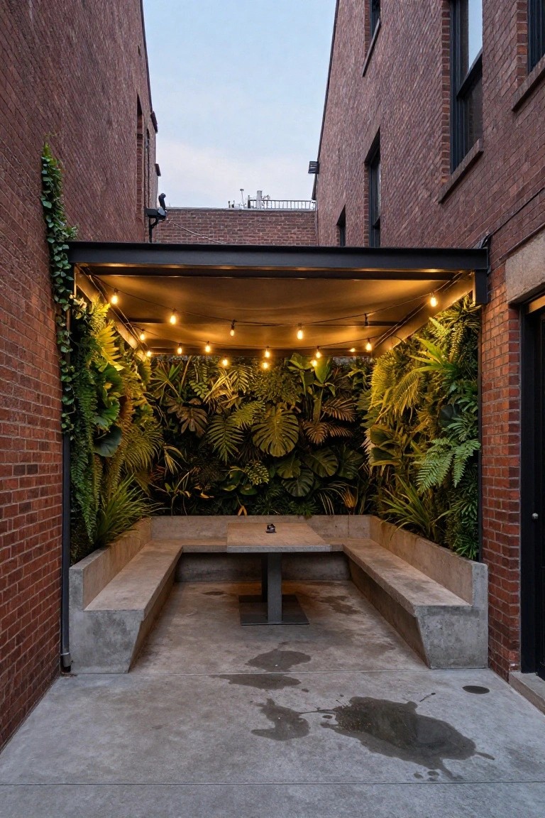 Narrow concrete patio between red brick walls with built-in L-shaped concrete benches around a central metal table, lush green vertical plant walls on three sides, string lights under a black metal canopy, and a black door on one wall.