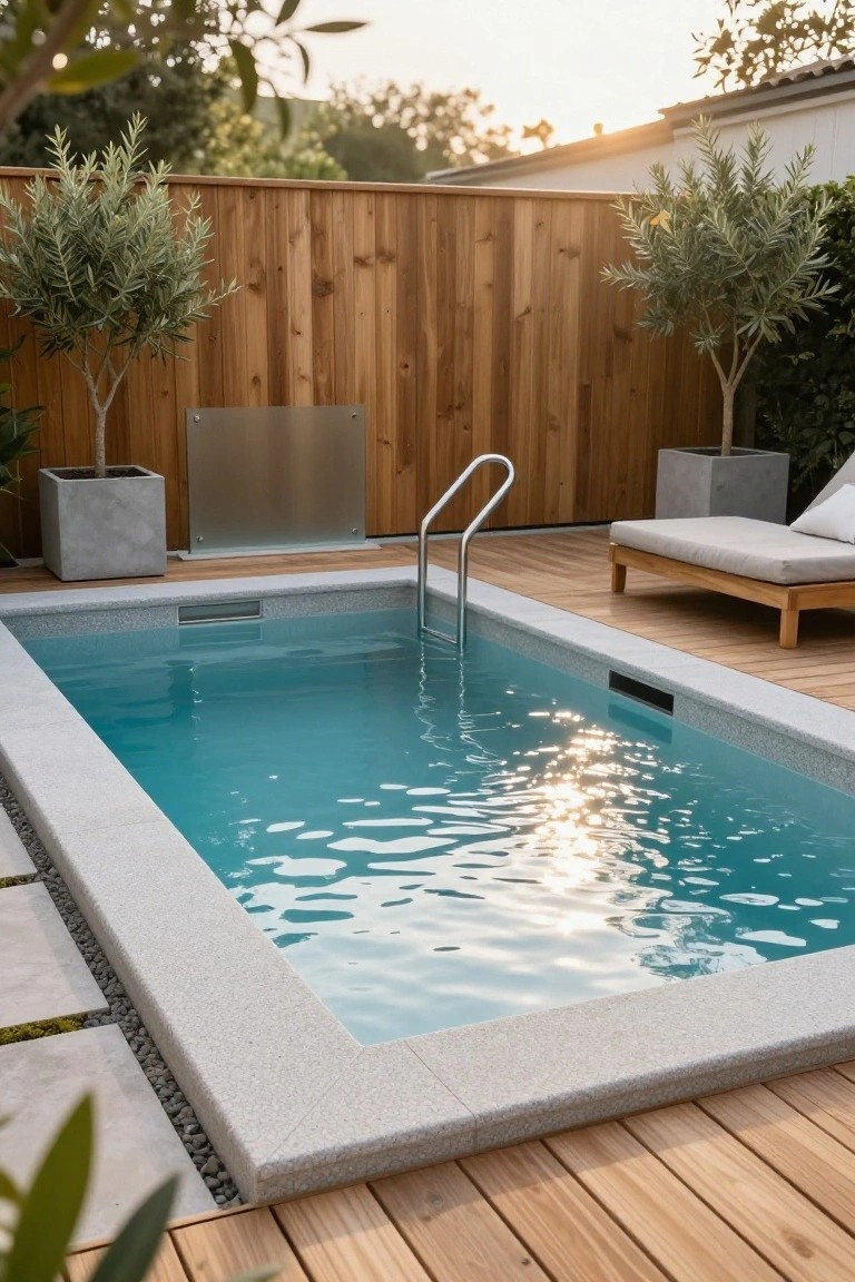 Small rectangular inground pool with turquoise water and metal ladder, edged in gray stone, surrounded by light wooden decking, a cushioned lounge chair, potted olive trees, and a wooden fence in a backyard.