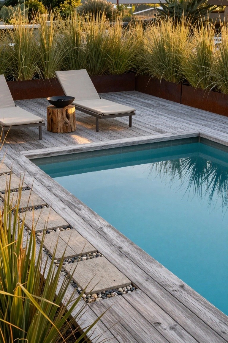 Small rectangular inground pool with turquoise water next to a weathered gray wood deck, two beige lounge chairs, tree stump side table with black bowl, tall grasses in rusted metal planters, and pebble stone steps.