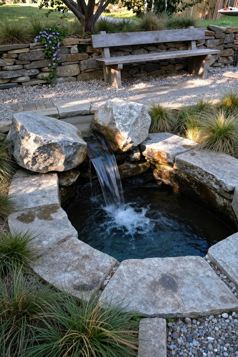 Small circular inground pool lined with natural stone blocks and featuring a waterfall from large boulders, surrounded by gravel paths, ornamental grasses, and a wooden bench against a stone wall in a garden.