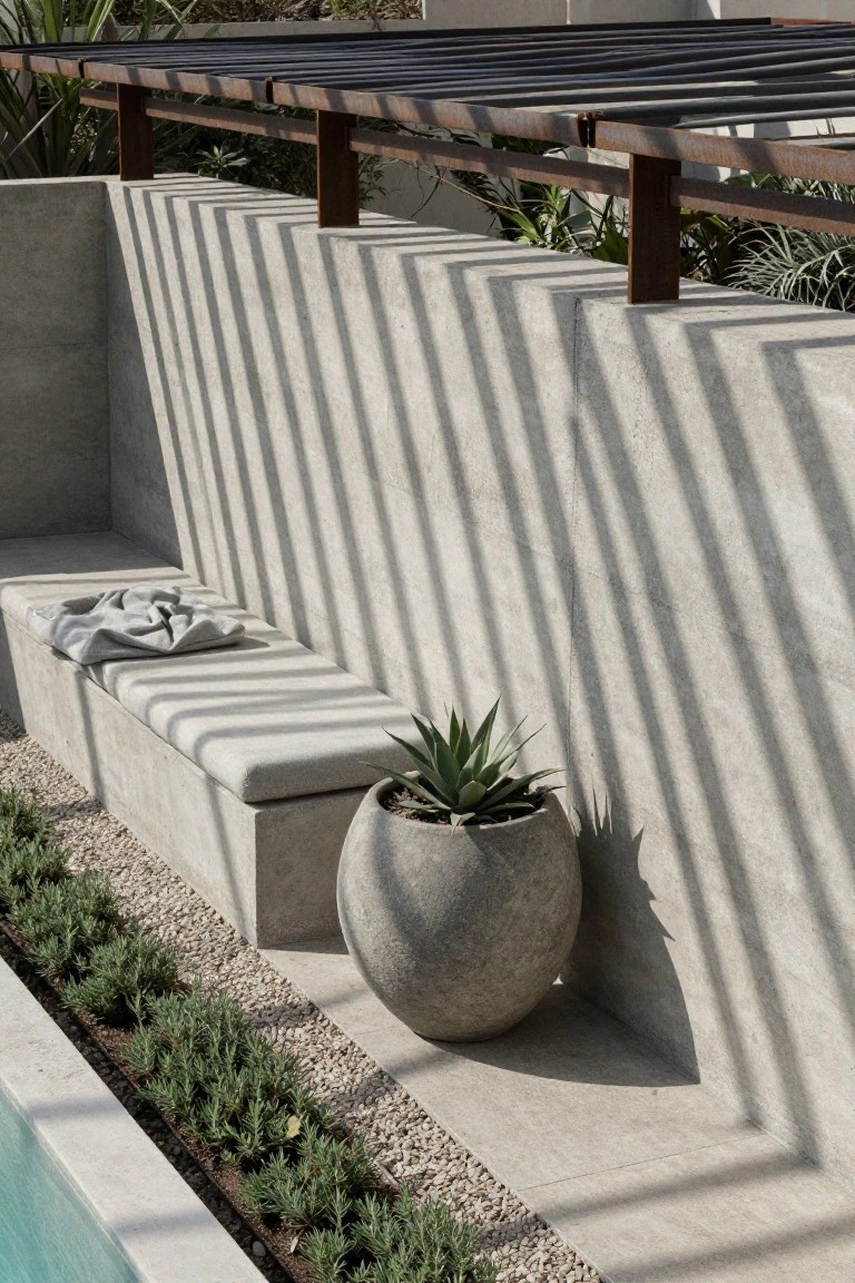 Concrete built-in bench with gray cushion and potted agave plant beside small inground pool, shadows from overhead metal structure on textured gray wall.