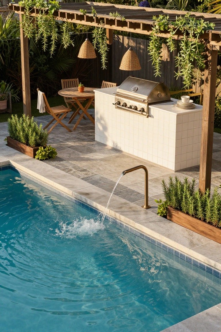 Small inground pool with gold fountain spout at edge, adjacent white-tiled counter with stainless steel grill under wooden pergola draped in greenery, bistro table with two chairs on tiled patio amid potted plants.