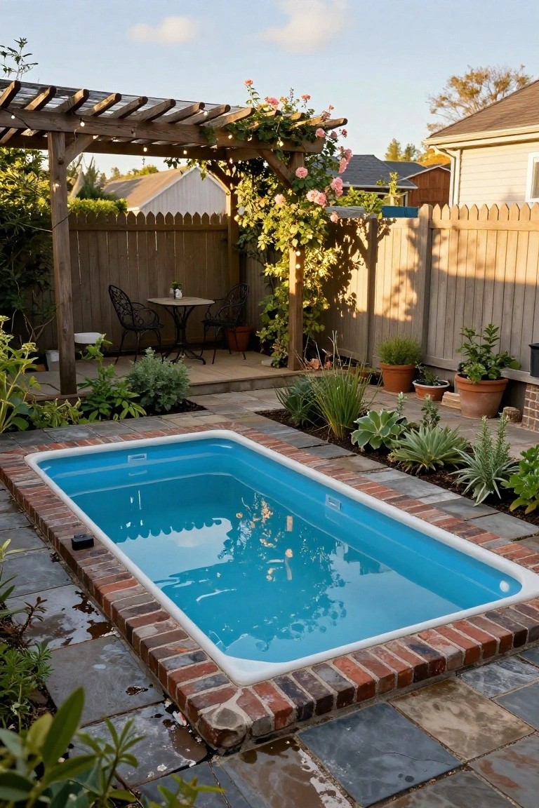 Small rectangular inground pool with blue liner and white rim, bordered by brick and surrounded by plants, a pergola with bistro seating, and wooden fencing in a backyard.