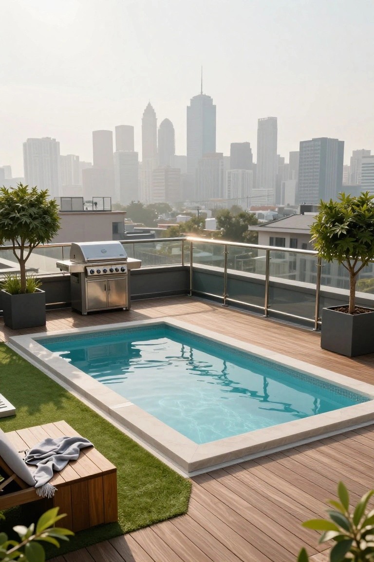 Rooftop terrace with a small rectangular inground pool, wooden decking, artificial grass, wooden lounge chair with towel, stainless steel BBQ grill, potted trees, glass railings, and city skyline view.