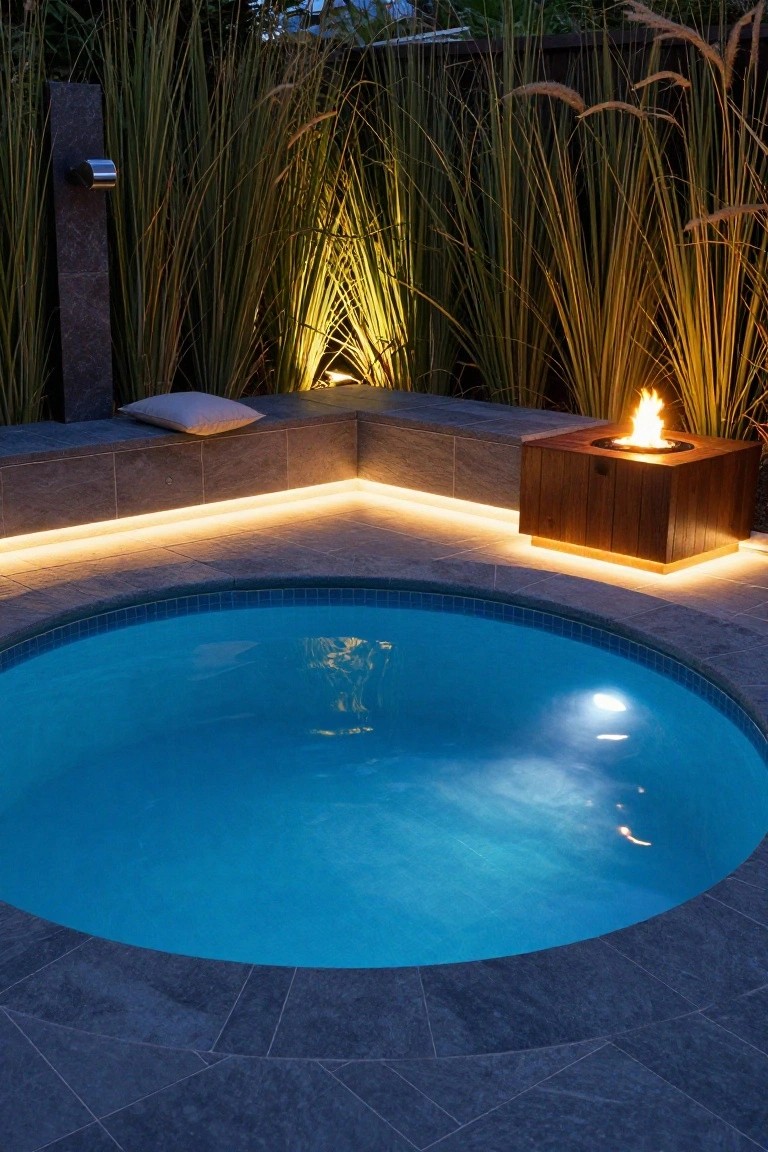 A nighttime view of a small round blue inground pool surrounded by dark slate tiles with LED strip lights, tall ornamental grasses, a wooden cube fire pit with flames nearby, and a bench with a white pillow.