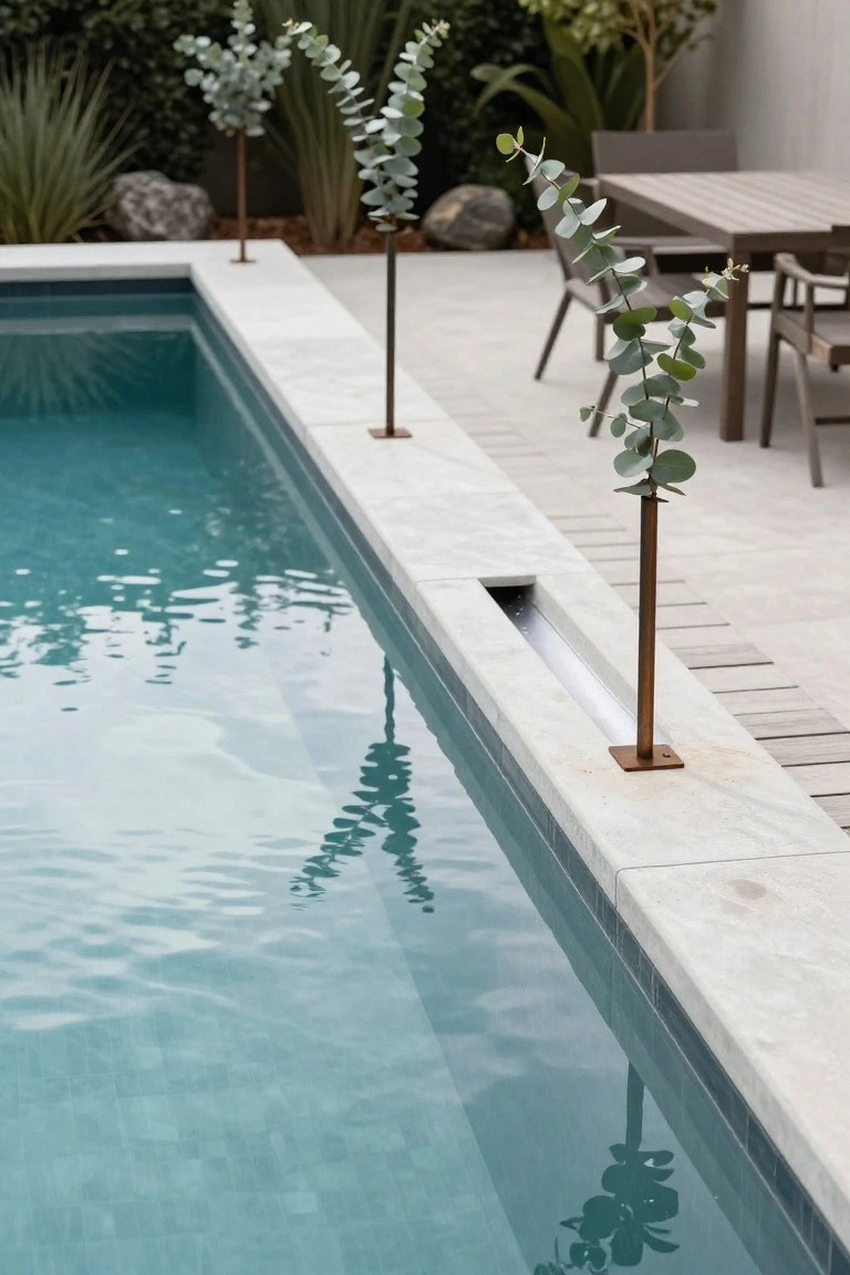 Small inground pool with turquoise water and white travertine coping, slim rusted metal tubes holding tall eucalyptus branches mounted directly on the pool edge, reflections in the water, outdoor table and chairs nearby on light pavers with surrounding plants.