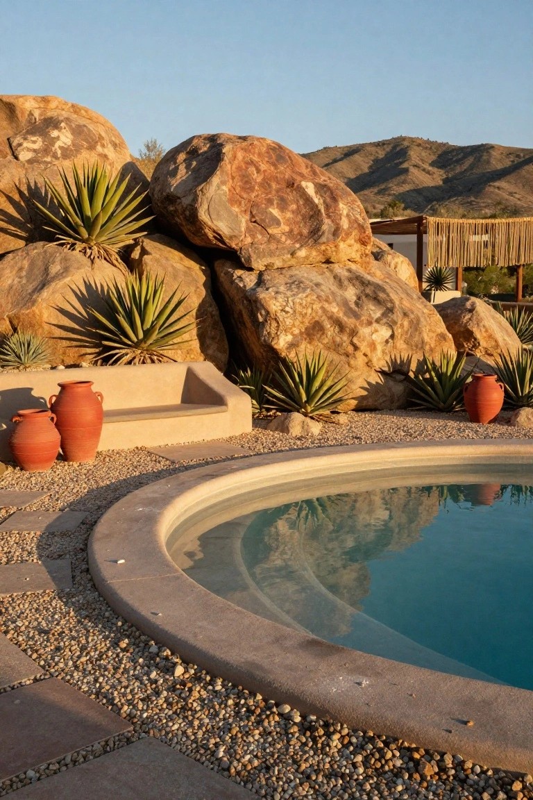 Curved turquoise pool with beige stone edge, surrounded by large reddish boulders, agave plants, terracotta pots, built-in bench, gravel ground cover, and distant mountains in a desert setting.