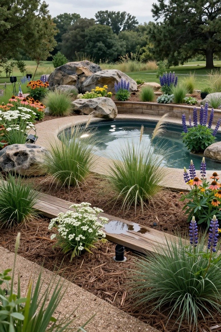 Curved turquoise pool surrounded by large gray boulders, wooden retaining wall, ornamental grasses, lupines, black-eyed Susans, yarrow, and pine bark mulch in a landscaped backyard with trees and grassy field beyond.