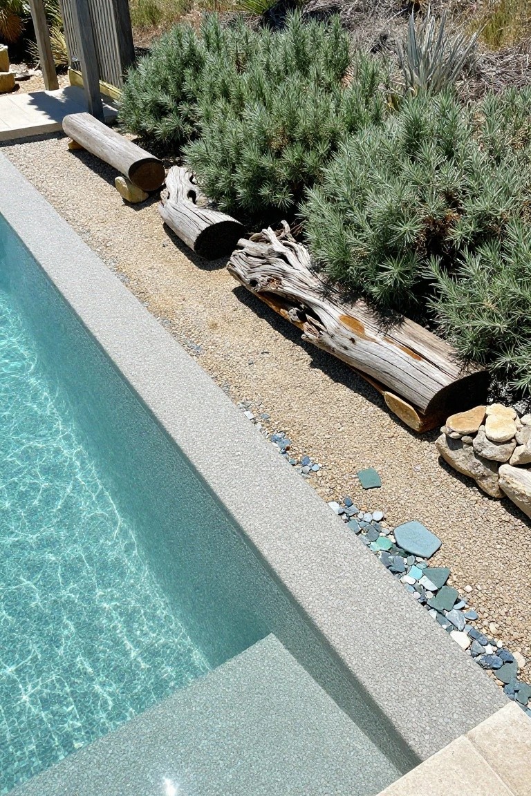Swimming pool edge with concrete coping, bordered by pea gravel, large weathered driftwood logs used as benches, scattered rocks and turquoise glass tiles, and clusters of low-growing green shrubs.
