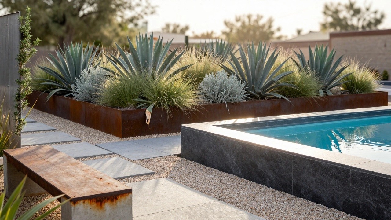 Backyard pool edged by tall raised black metal planters filled with agaves, grasses, succulents, and trailing rosemary, with concrete benches, pebble paths, and stone pavers nearby.