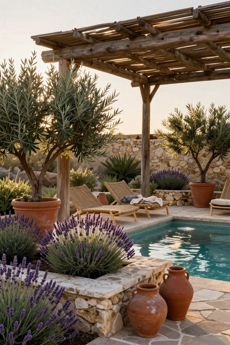 Turquoise pool with lavender bushes along the stone edge, olive trees nearby, wooden pergola shading lounge chairs, terracotta pots, and dry stone walls in a garden at sunset.