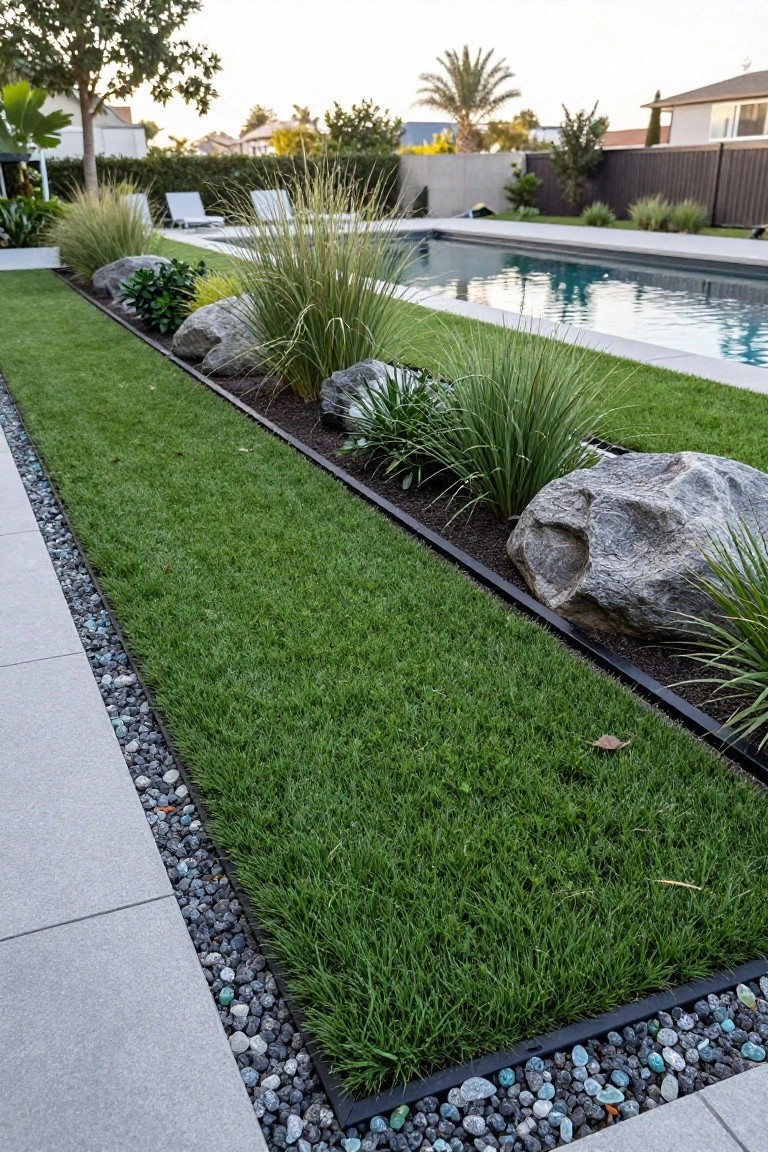 Narrow landscaped bed along a swimming pool and concrete path, featuring tall ornamental grasses, large boulders, black metal edging, and borders of blue-gray pebbles next to a green lawn strip.