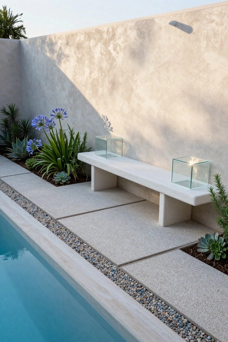 Poolside Bench in Xeriscape Beds