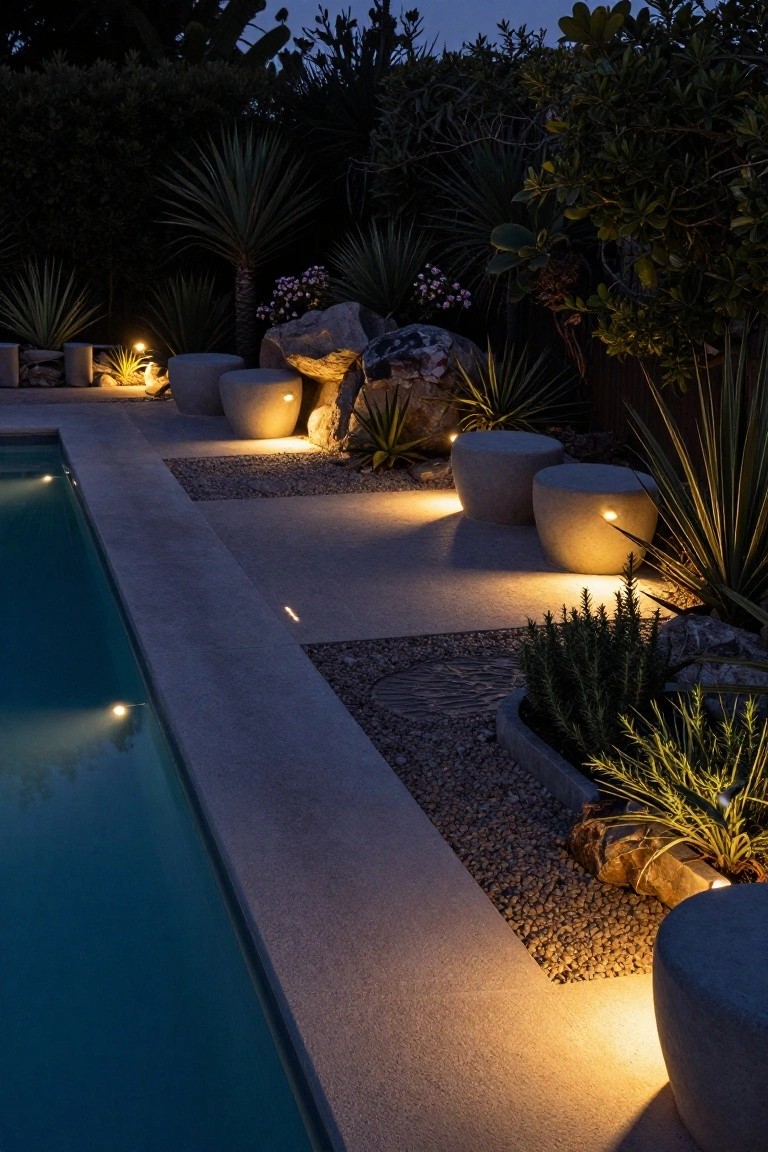 Nighttime view of a lit swimming pool edge with a concrete path featuring recessed linear lighting, gravel beds planted with succulents, agaves, rosemary, large boulders, concrete stools with uplights, and various drought-tolerant plants and palms in the background.