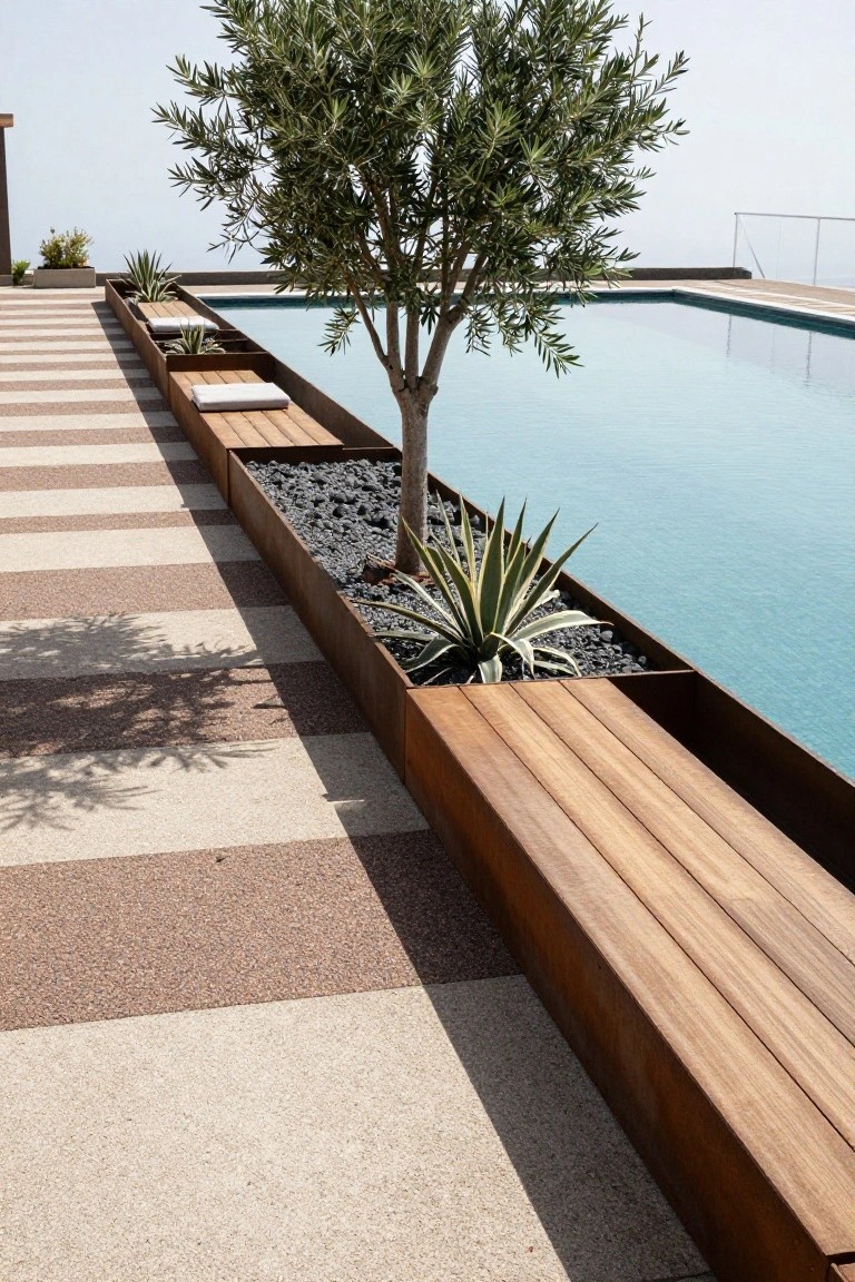 Poolside Trough Planters with Built-In Benches