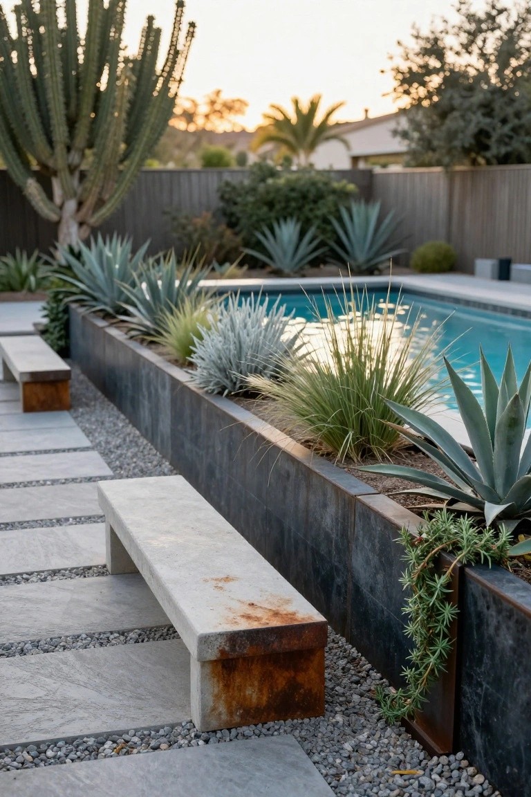 Backyard pool edged by tall raised black metal planters filled with agaves, grasses, succulents, and trailing rosemary, with concrete benches, pebble paths, and stone pavers nearby.