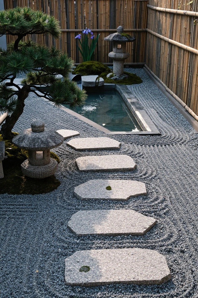 Japanese-style garden with raked gray gravel paths, irregular gray granite stepping stones leading to a rectangular pond, stone lanterns covered in moss, bonsai pine tree, iris flowers, mossy rocks, and bamboo fence enclosure.