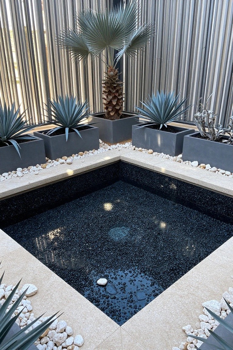 Square pool with black pebble mosaic bottom, beige stone coping, white pebbles along edges, surrounded by gray pots of blue agave plants, a potted palm tree, and slatted metal fence in background.
