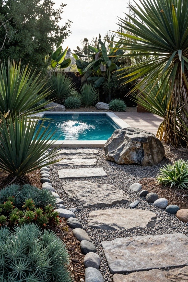 Small turquoise pool with bubbling fountain, surrounded by fan palms, agaves, yuccas, and succulents, next to a large gray boulder and irregular gray stone slabs set in gravel path bordered by rounded pebbles.