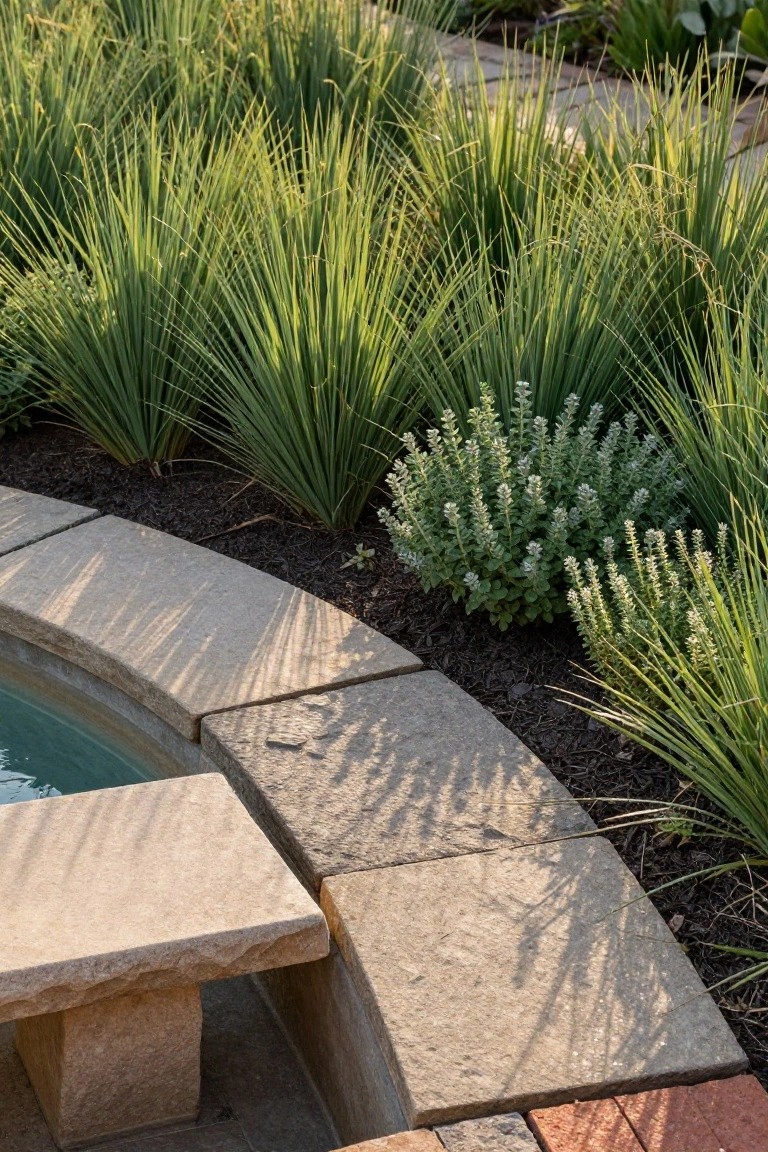 Close view of a turquoise pool edge with beige stone coping bordered by dark mulch, tall arching green grasses, and clustered silvery-leafed shrubs.