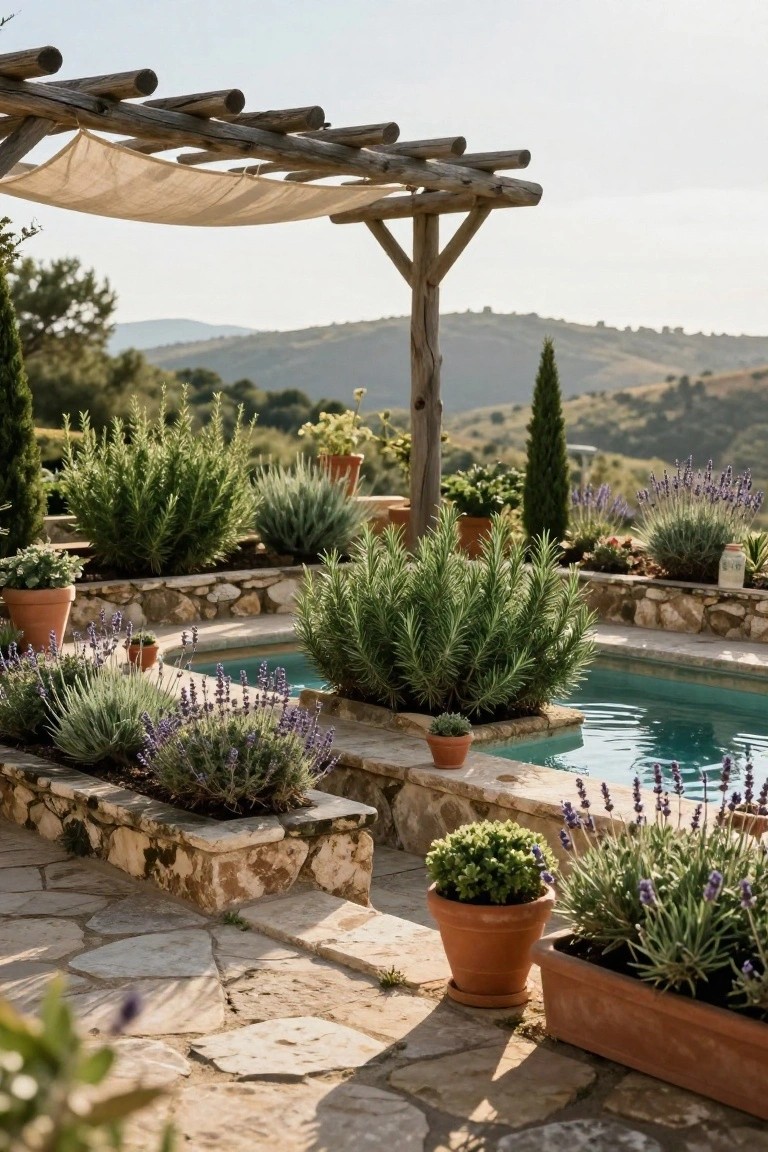 Small turquoise pool edged by low stone walls and numerous terracotta pots filled with rosemary bushes, lavender plants, and other greenery, shaded by a wooden pergola draped with beige fabric, with distant hills visible.